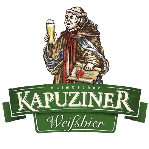 Kulmbacher Kapuziner Weißbier Logo (Mönch mit Bierglas und Urkunde, darunter der Schriftzug)